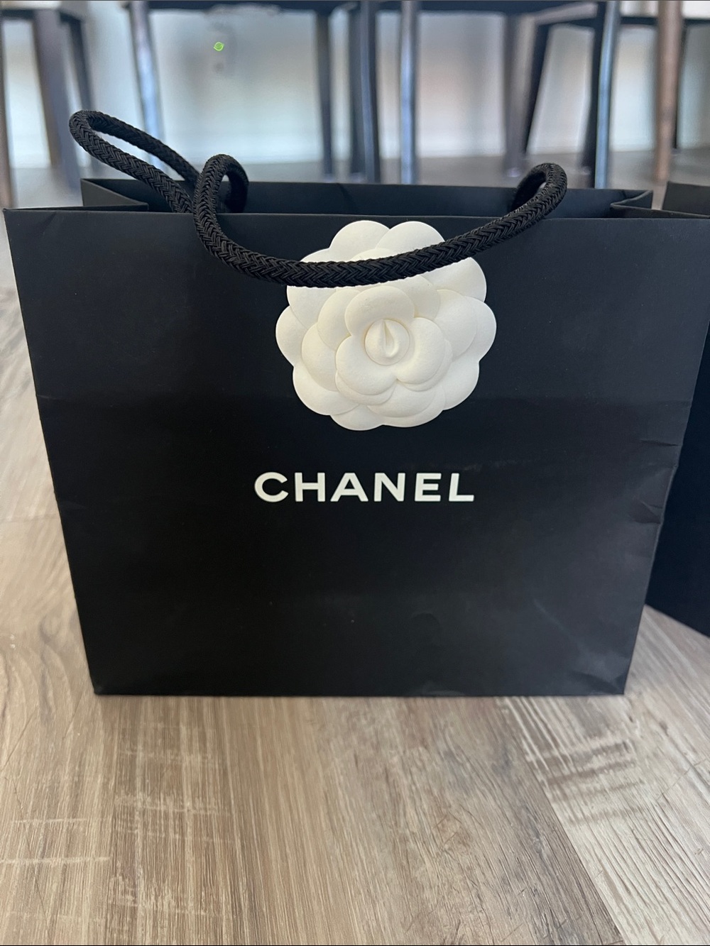 2 CHANEL Black Paper Gift Bags with White Camellia - Picture 3 of 15